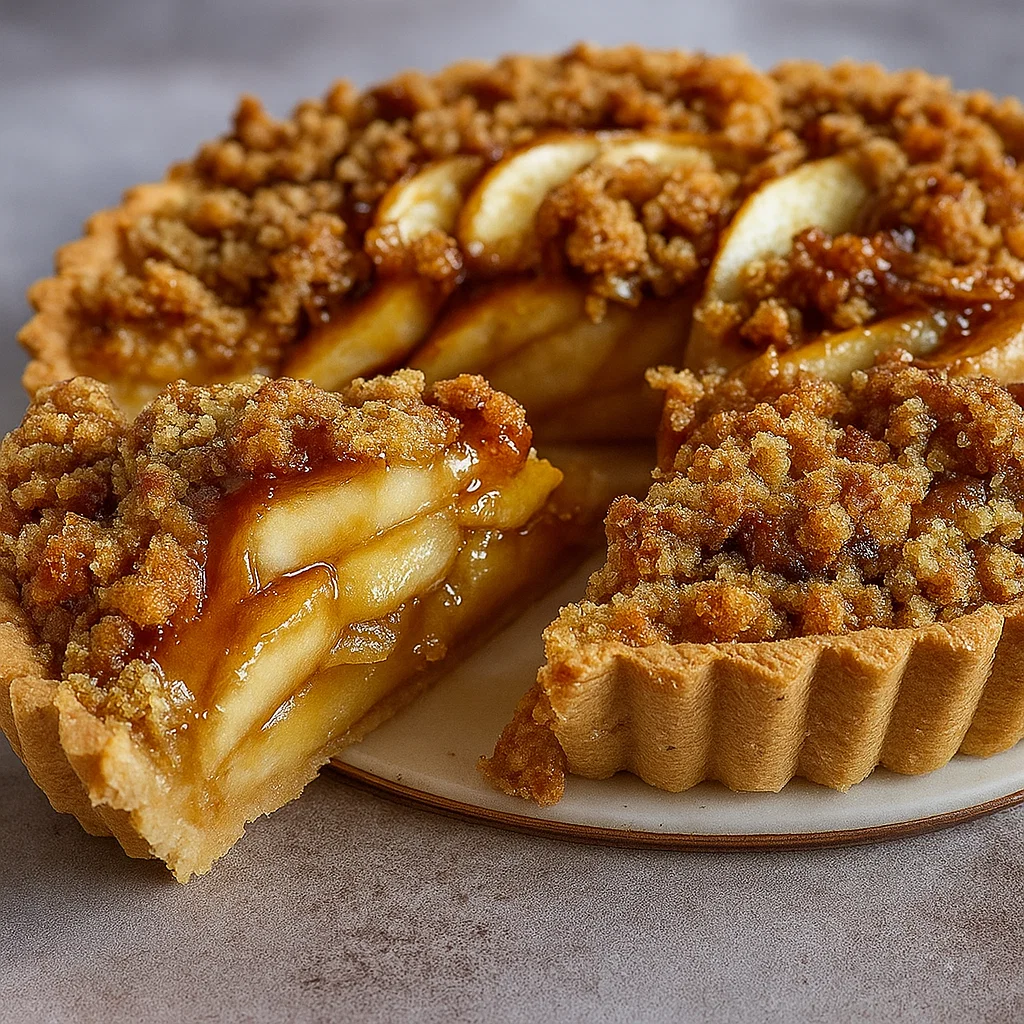 Tarte aux Pommes Crumble 2 Gros plan sur la pâte à crumble fraîchement mélangée, avec des grosses miettes de beurre et de farine.