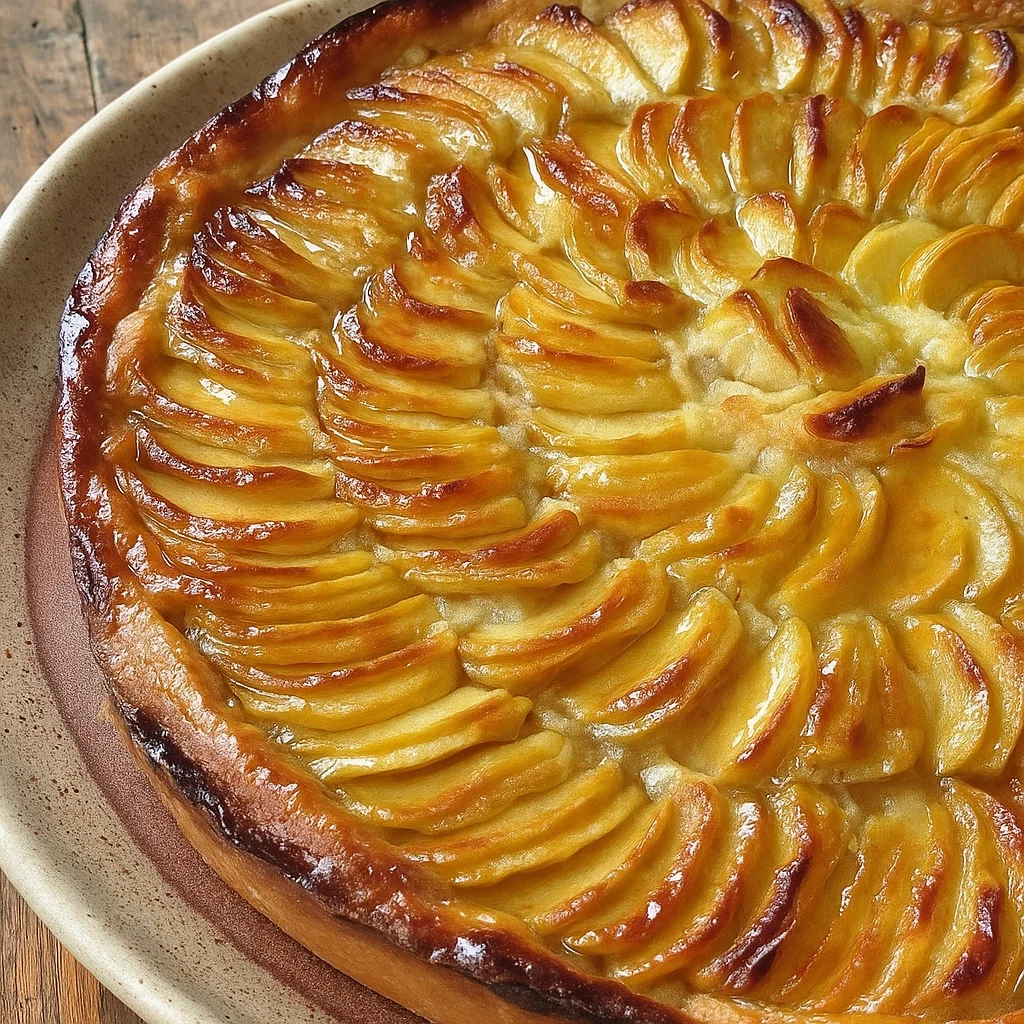 Ingrédients pour une Tarte aux Pommes à la Crème d'Amande disposés sur une table en bois, incluant des pommes, du beurre, de la poudre d'amande, des œufs et du sucre.