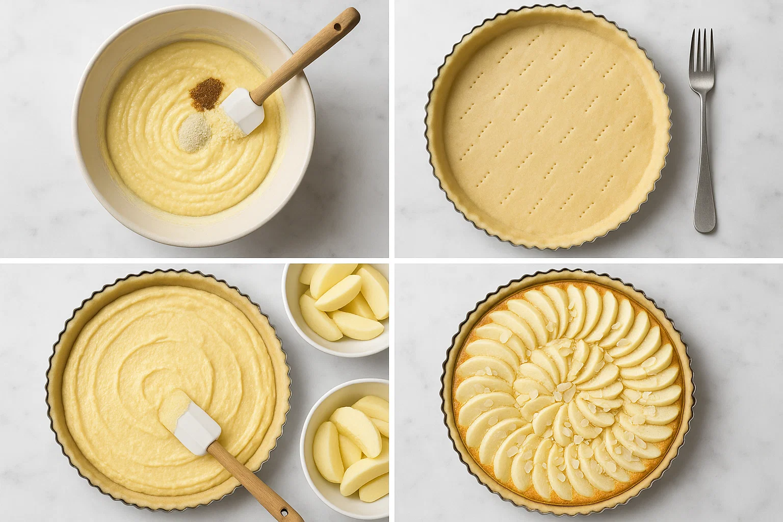 Tarte aux Pommes à la Crème d'Amande 3 Une tarte aux pommes à la crème d'amande crue, avec les tranches de pommes disposées en spirale sur la crème d'amande.