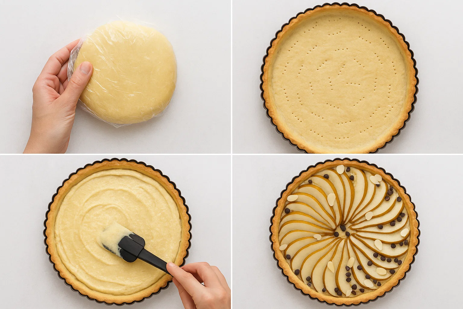 Tarte poire, chocolat, amande 2 Disposition des poires dans la tarte.