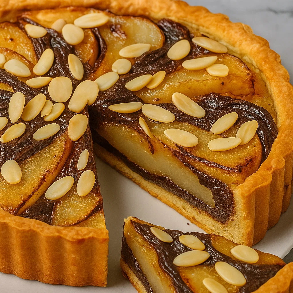 Tarte poire, chocolat, amande 3 Tarte poire chocolat amande fraîchement cuite.