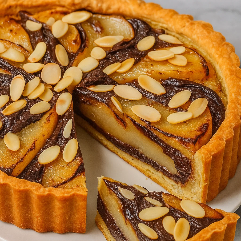 Part de tarte poire chocolat amande avec glace.