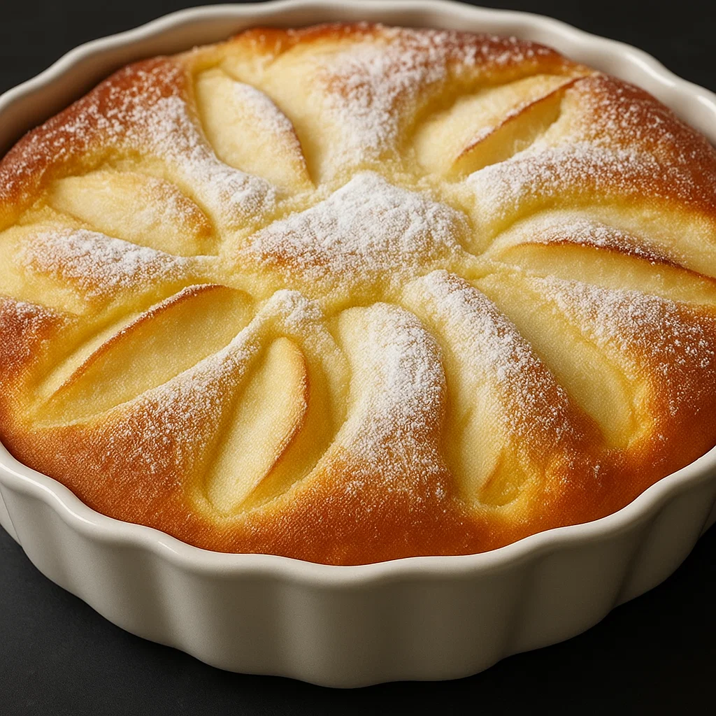 Fondant aux pommes mascarpone entier, saupoudré de sucre glace, sur une table en bois rustique.