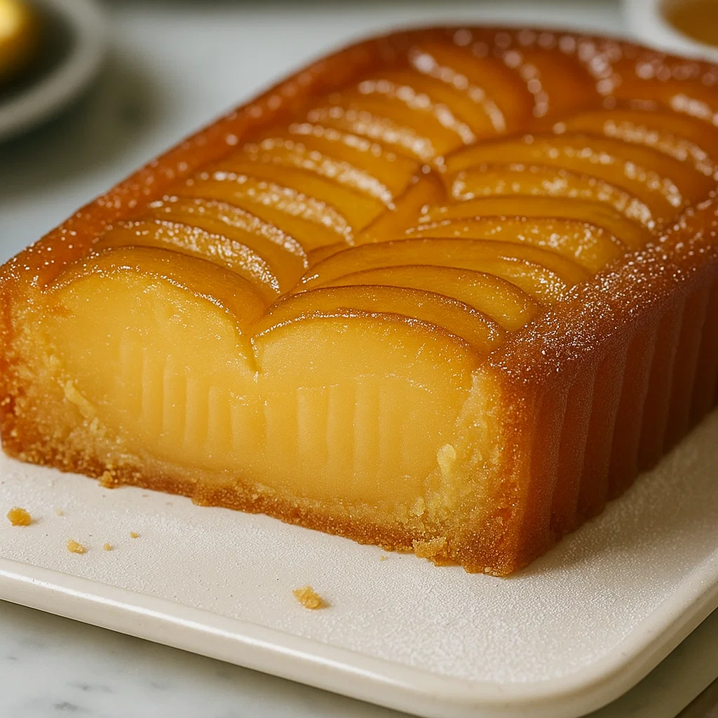 Une personne saupoudrant du sucre roux et versant du beurre fondu sur la pâte de gâteau aux pommes dans un moule, avant la cuisson.