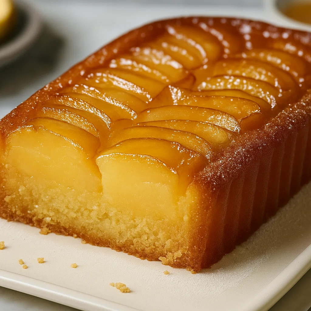 gâteau aux pommes ultra moelleux 2 Une part de gâteau aux pommes ultra moelleux posée sur une assiette en bois, montrant une texture moelleuse avec des morceaux de pomme fondants.