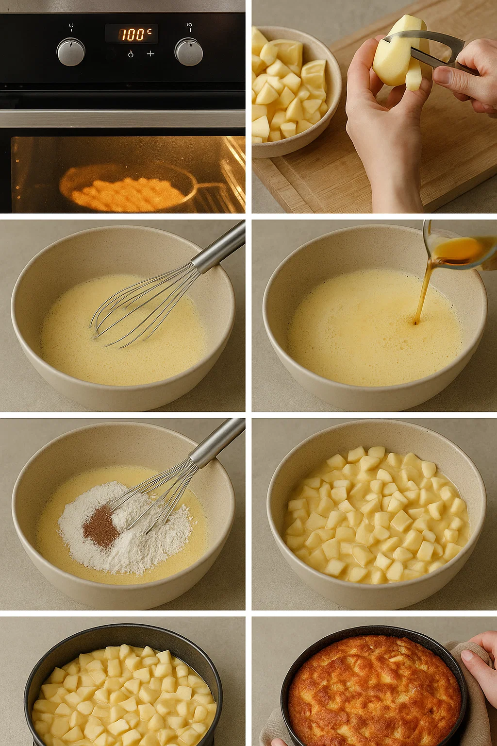 gâteau aux pommes ultra moelleux 3 Les ingrédients pour un gâteau aux pommes ultra moelleux disposés sur un comptoir de cuisine, avec des pommes entières, des œufs, et des bols de farine et de sucre.