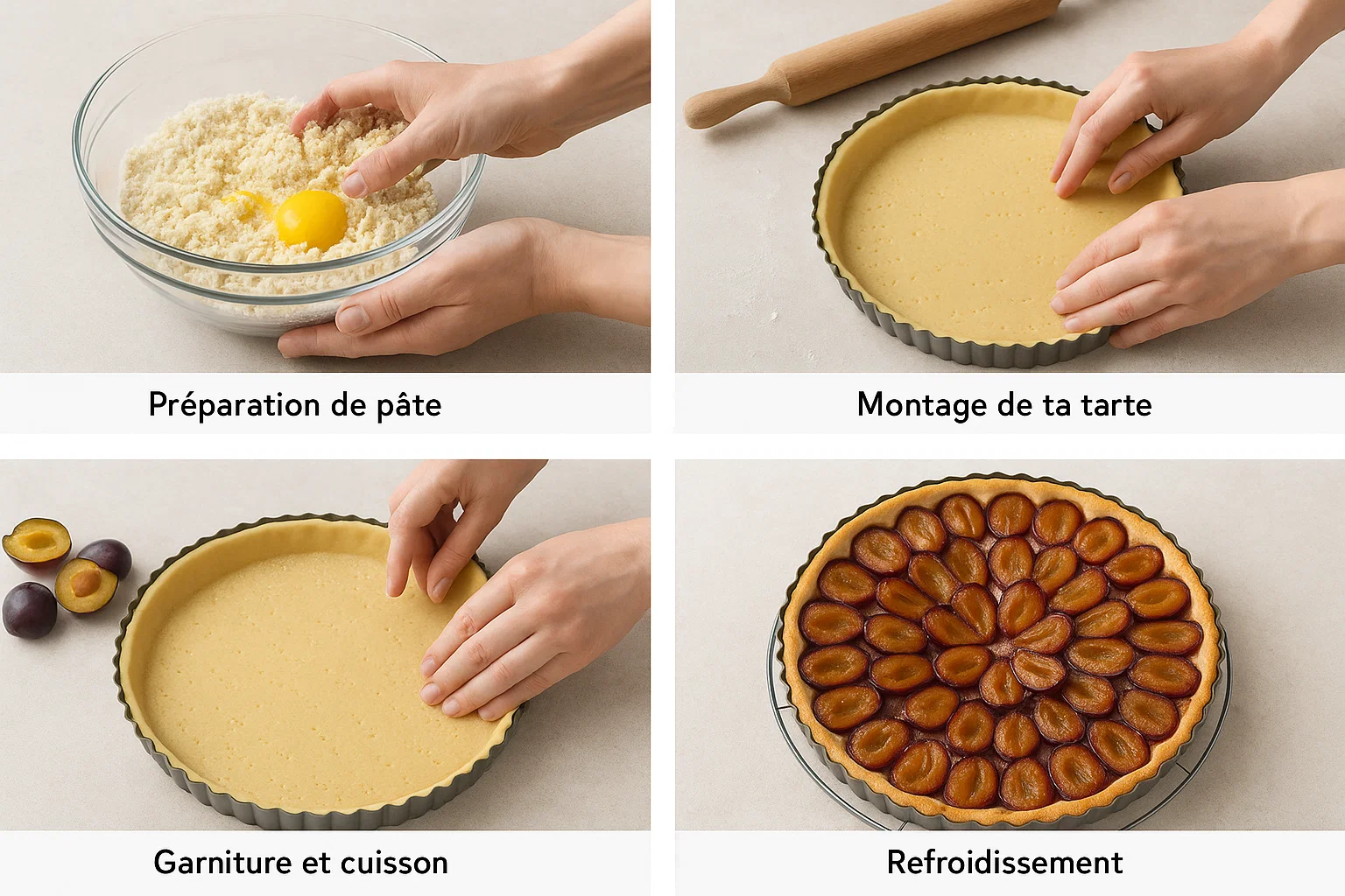 tarte aux prunes à l’alsacienne 1 Les ingrédients clés pour la recette de la tarte aux prunes à l'alsacienne sont disposés sur une table en bois, incluant des prunes, de la farine, du beurre et du sucre.