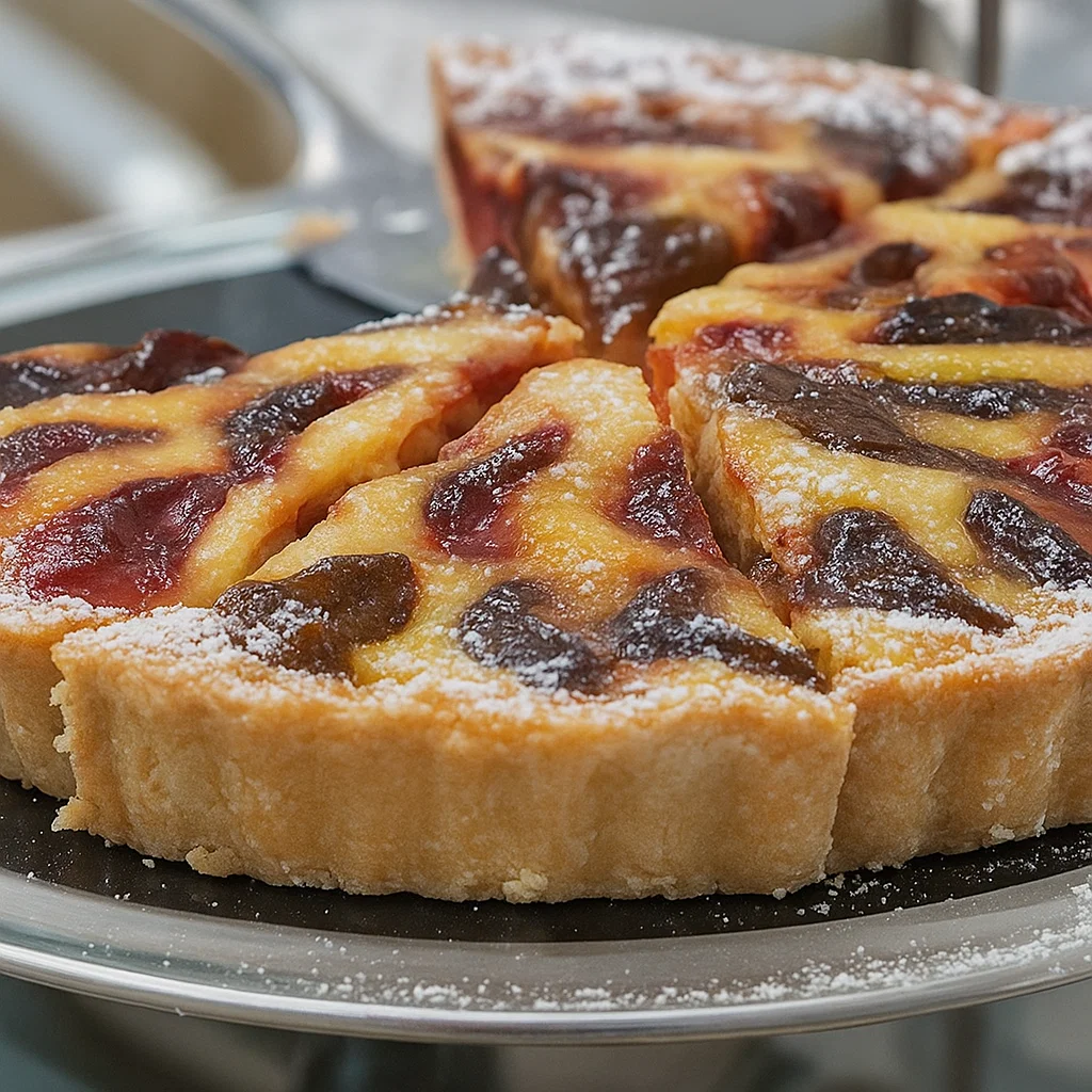 tarte aux prunes à l’alsacienne 3 Tarte aux prunes à l'alsacienne entière, fraîchement cuite, sur un plat de présentation. La surface est décorée de sucre glace.