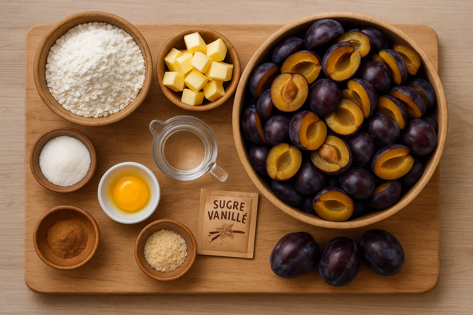 tarte aux prunes à l’alsacienne 4 Une part de tarte aux prunes à l'alsacienne coupée, posée sur une assiette blanche avec une cuillerée de crème fraîche à côté.