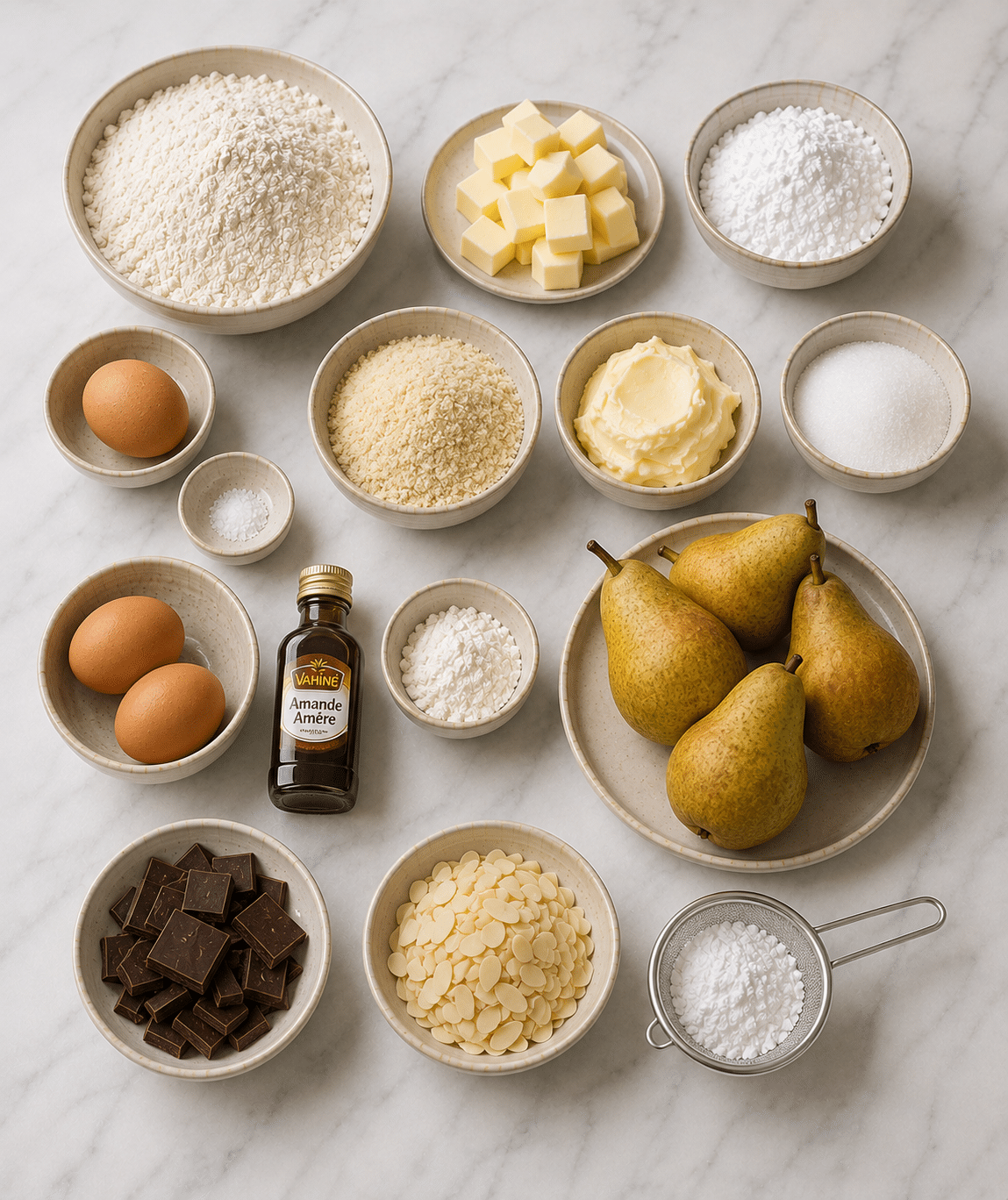 La Liste des Ingrédients : tarte aux poires, chocolat et crème d’amandes est le dessert gourmand et raffiné par excellence.