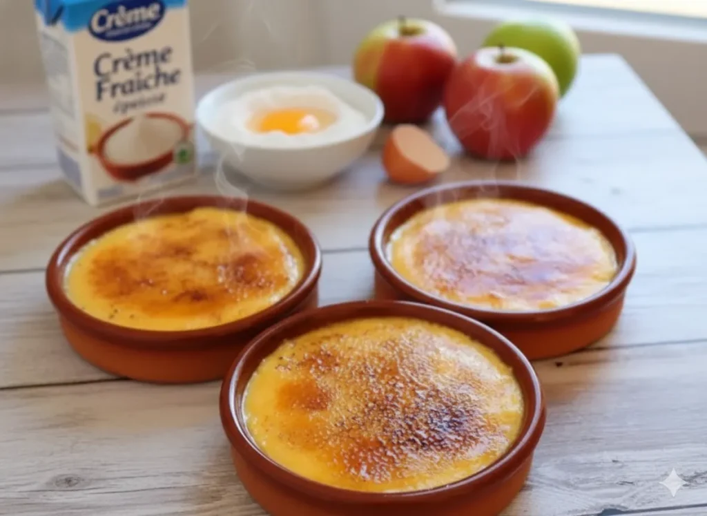 Deux ramequins de Crème Catalane refroidie, avec une croûte de caramel craquante, prêts à être dégustés.