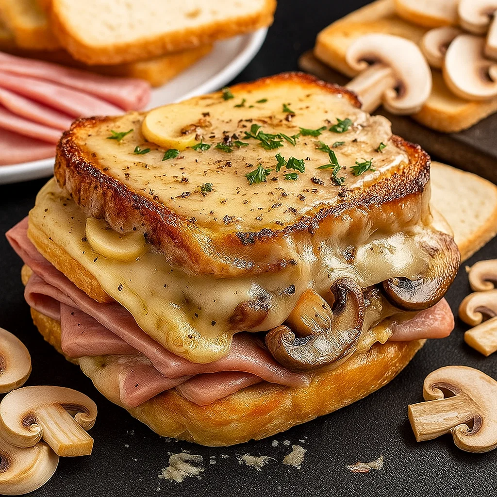 Croque-Monsieur Gourmand aux Champignons 1 Ingrédients pour Croque-Monsieur Gourmand aux Champignons : pain de mie, jambon, champignons hachés, et ingrédients pour la béchamel.