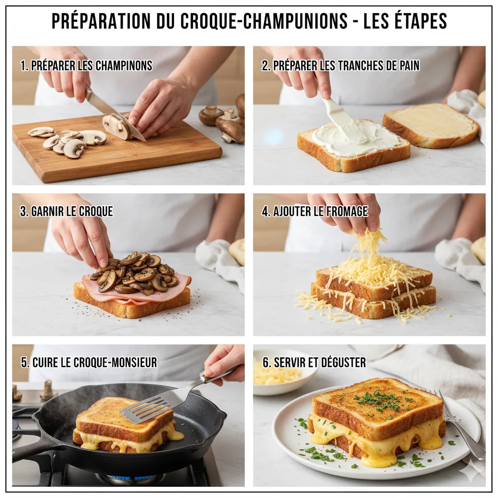 Croque-Monsieur Gourmand aux Champignons tout juste sorti du four, avec une croûte dorée et bouillonnante.