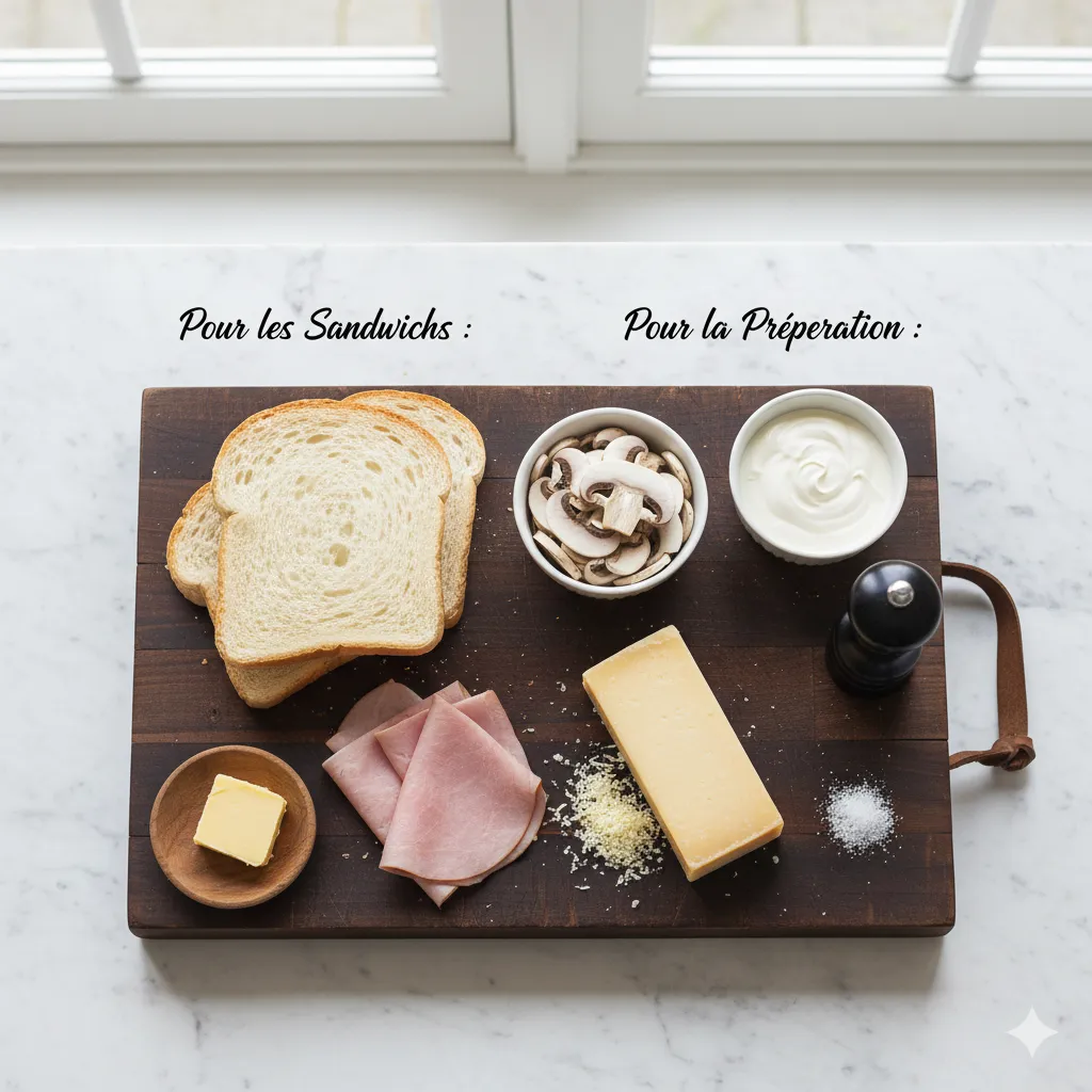 Croque-Monsieur aux Champignons coupé en deux, montrant la farce crémeuse jambon/champignons à l'intérieur.