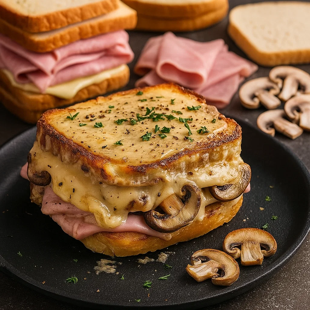 Croque-Monsieur aux Champignons monté, nappé de sauce Béchamel muscadée et saupoudré de fromage râpé, prêt à gratiner.