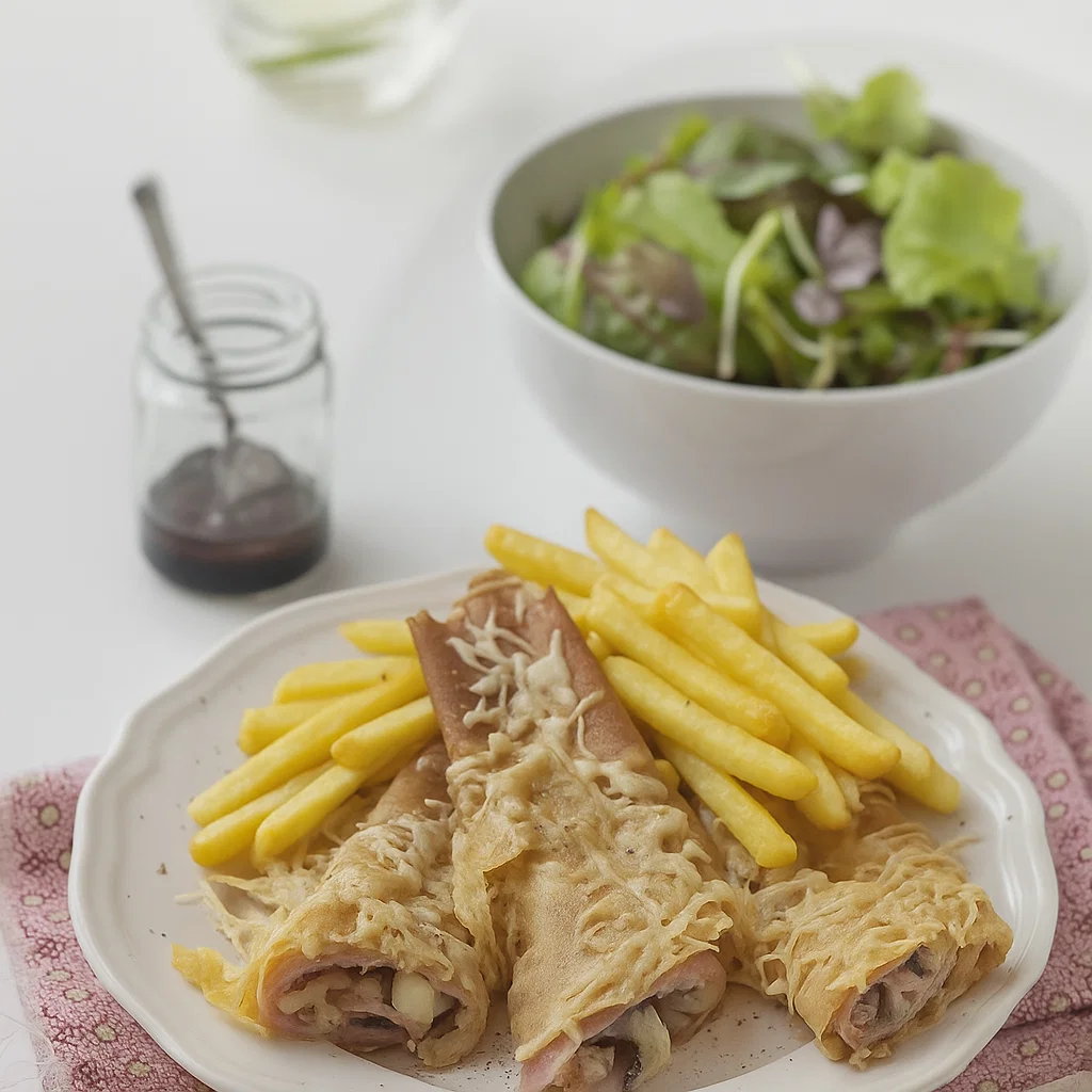 Ingrédients pour la Ficelle Picarde : piles de crêpes salées, champignons finement hachés, dés de jambon et crème fraîche épaisse.