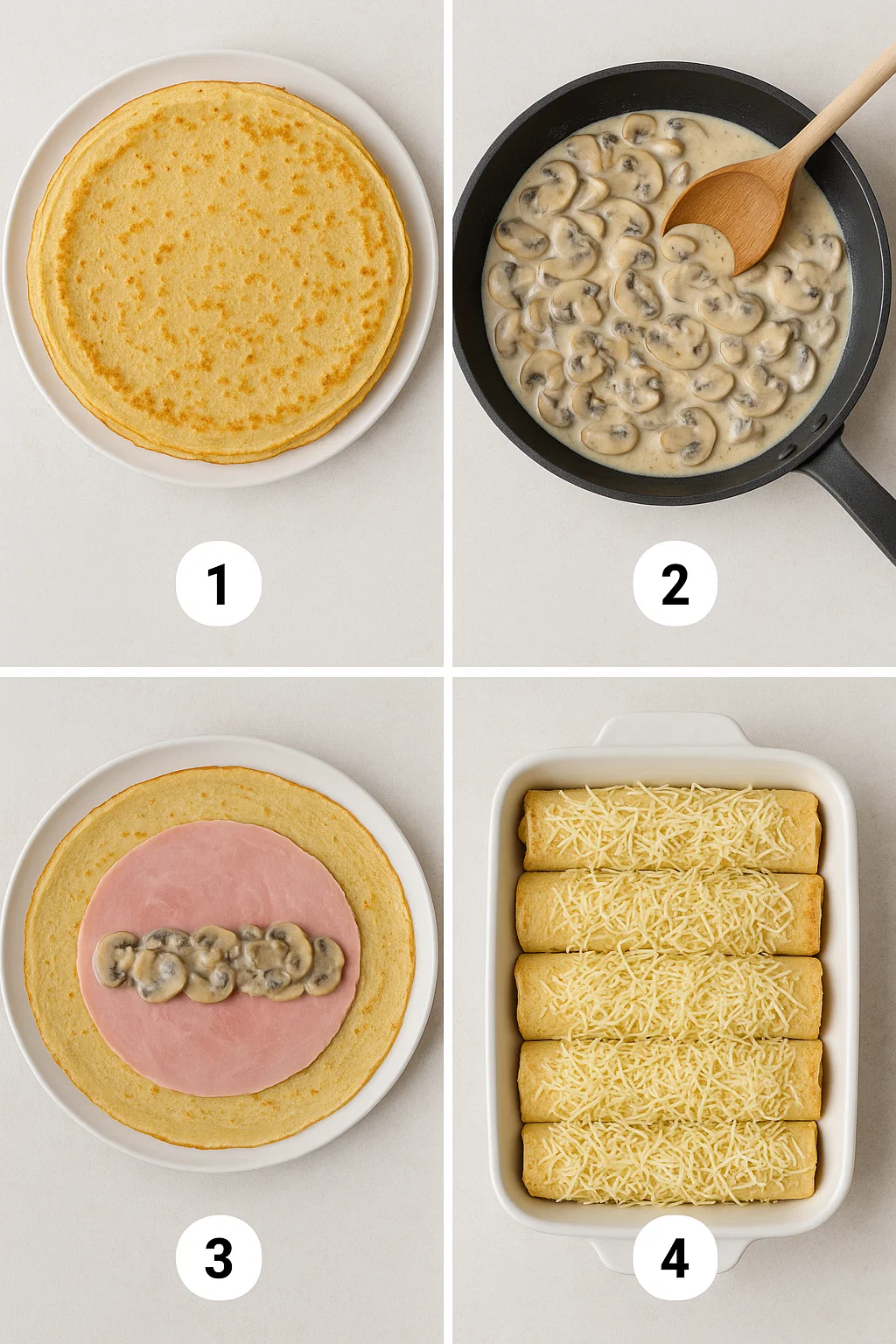 Ficelle Picarde 3 Ficelles Picardes roulées, alignées dans un plat à gratin et nappées de crème fraîche avant l'ajout du fromage.
