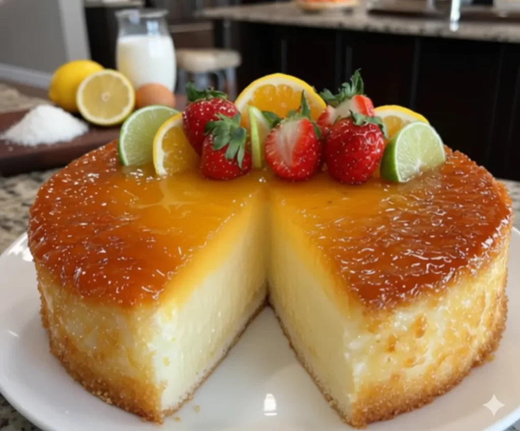 Flan Pâtissier au Citron et Noix de Coco cuit, avec une surface bien dorée et une bordure de pâte.