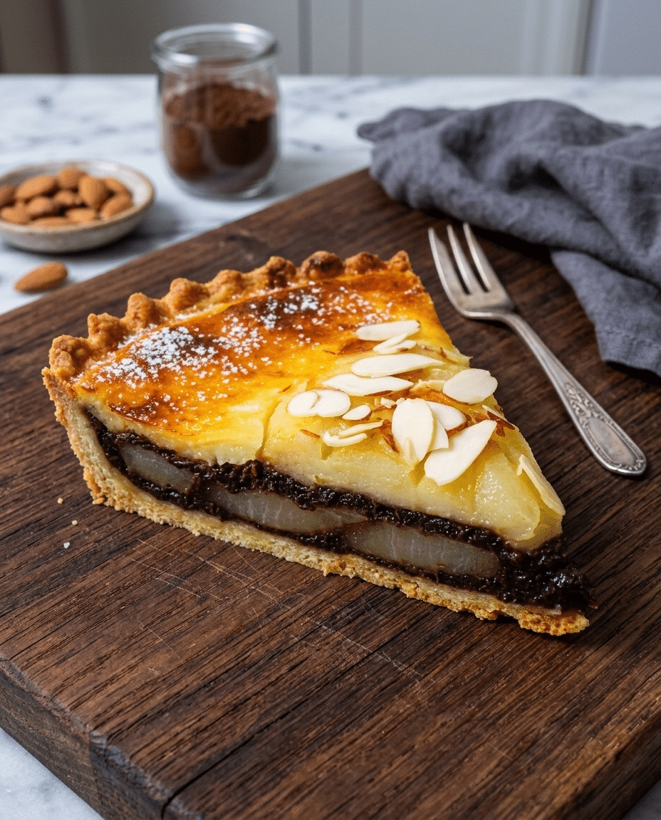 tarte aux poires, chocolat et crème d’amandes est le dessert gourmand