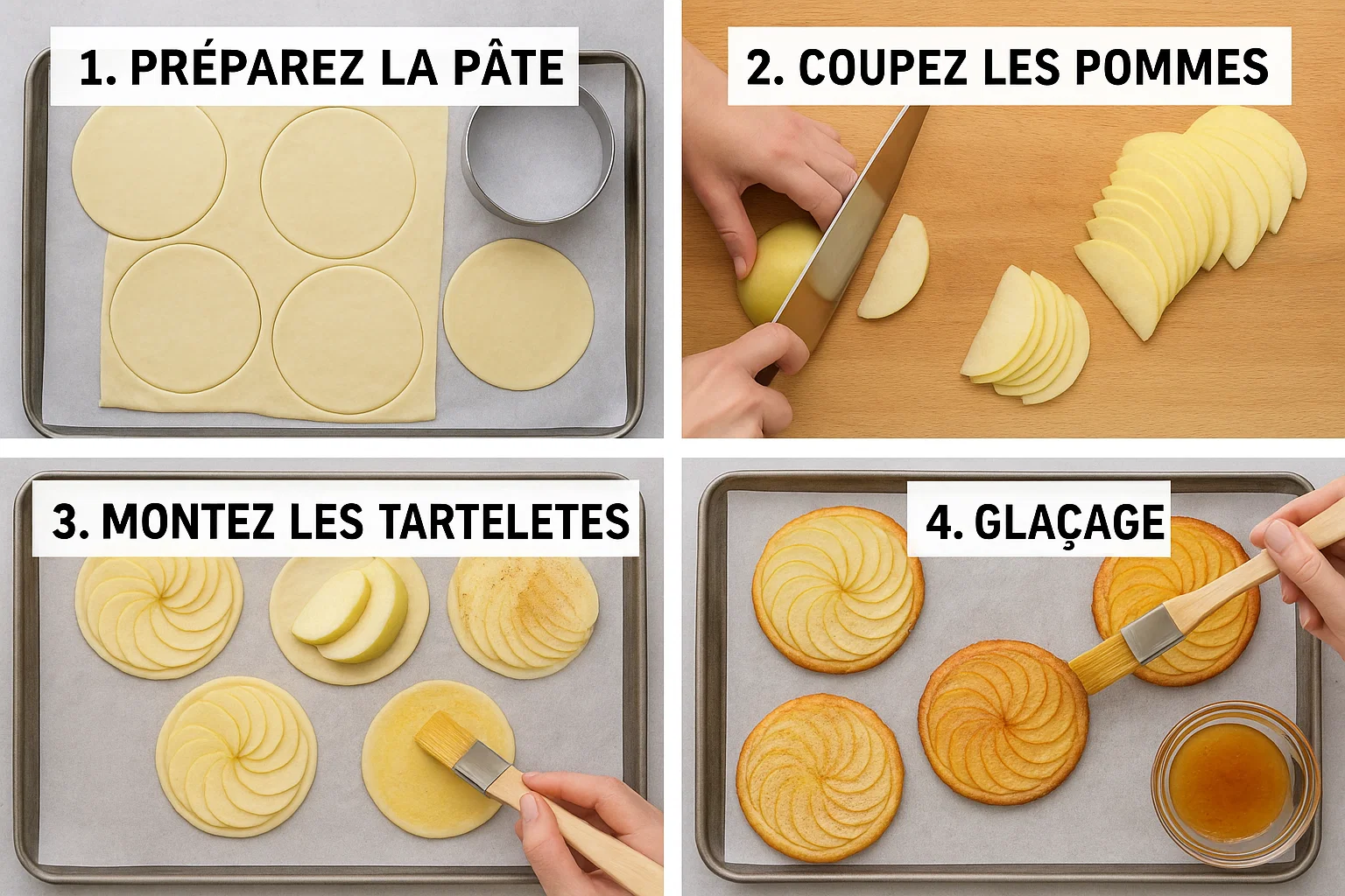 Tartelettes Fines Maison Pommes 4 Tartelette Fine Maison Pommes finie, glacée à l'abricot et saupoudrée d'un peu de sucre glace.