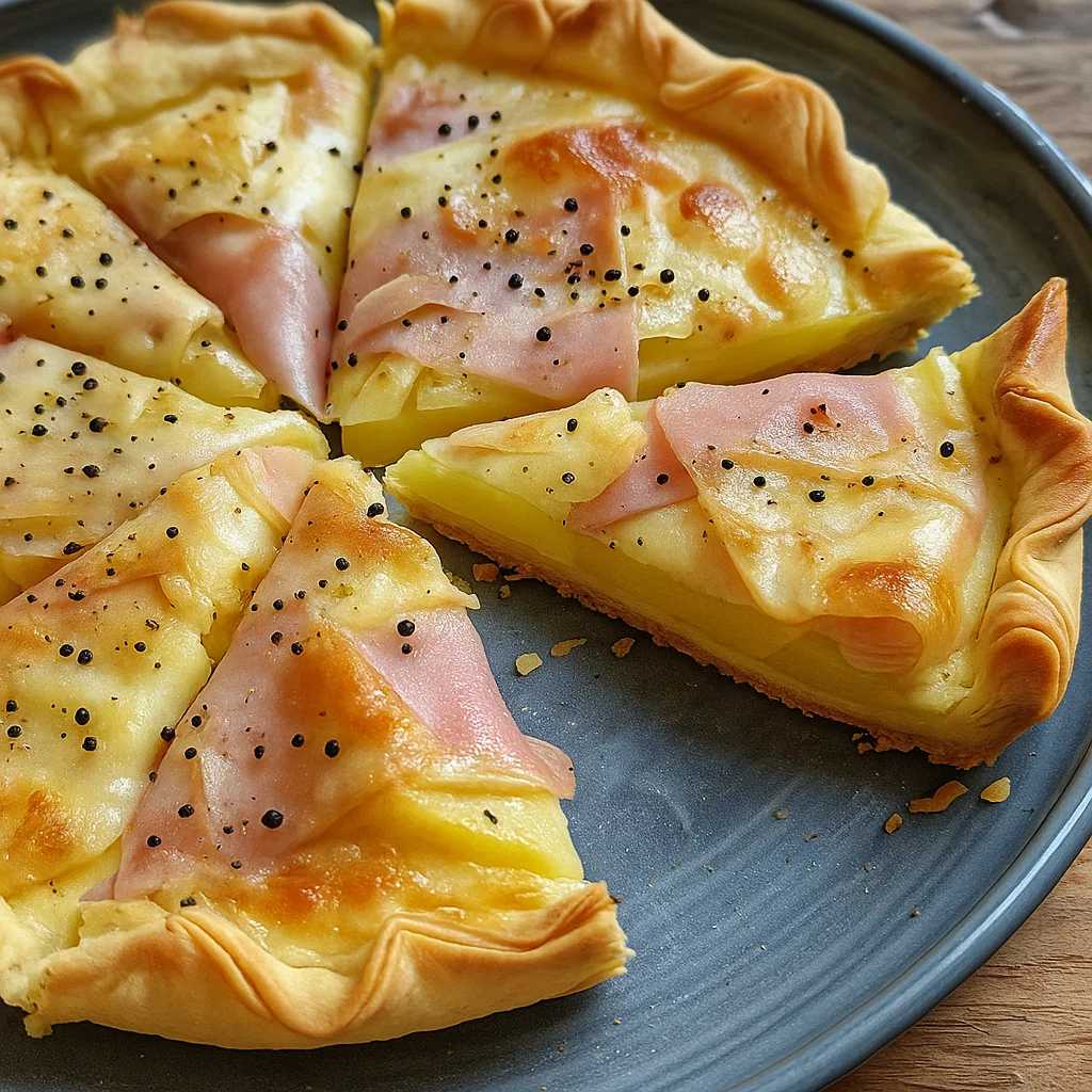 La Tarte Façon Raclette avec fromage fondant, pomme de terre et jambon, sur une pâte dorée.