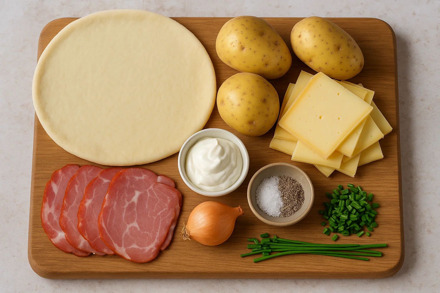 Tarticlette – La Tarte Façon Raclette 3 Tarticlette – La Tarte Façon Raclette crue avec les couches de crème, pommes de terre et fromage à Raclette non fondu.