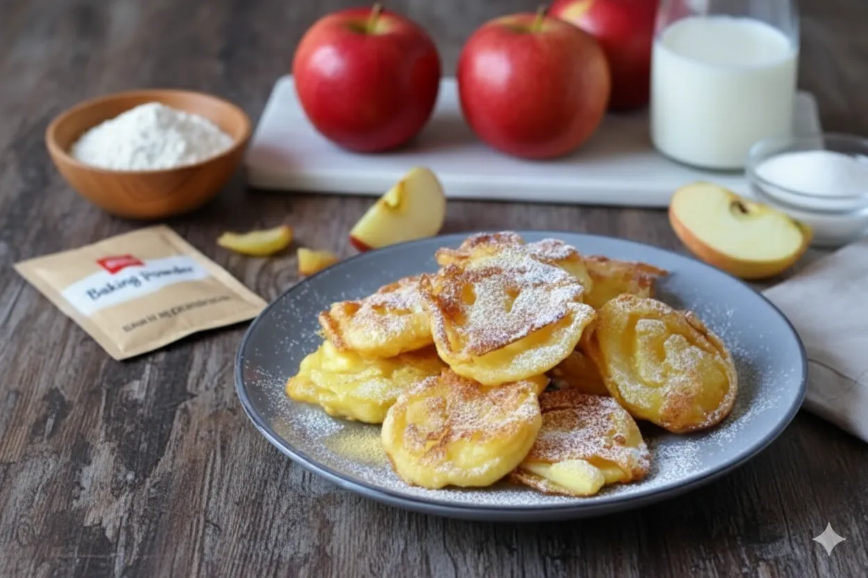 Ingrédients pour Beignets aux Pommes à la Poêle : rondelles de pommes, farine, lait, œufs, cannelle et rhum.