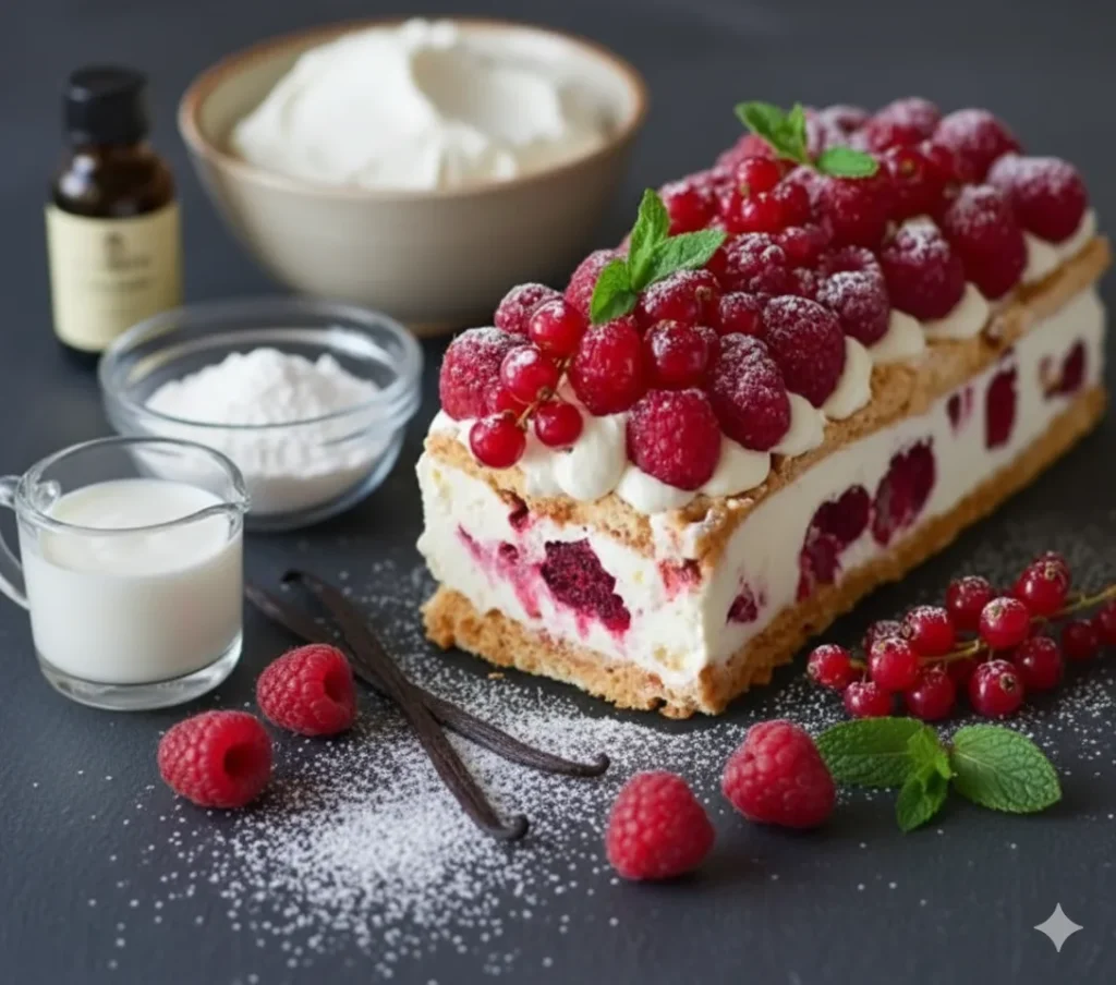 Ingrédients pour Bûche Mascarpone-Framboise Sans Cuisson : mascarpone, crème fraîche liquide, framboises, biscuits à la cuillère.