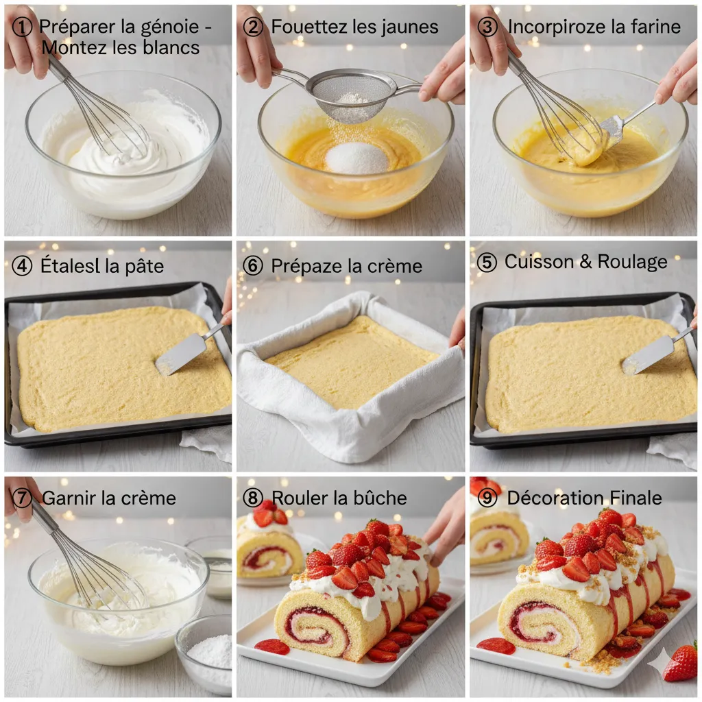 Génoise légère et claire sur une plaque, prête à être sortie du four.V Bûche Roulée Fraises et Crème Vanille