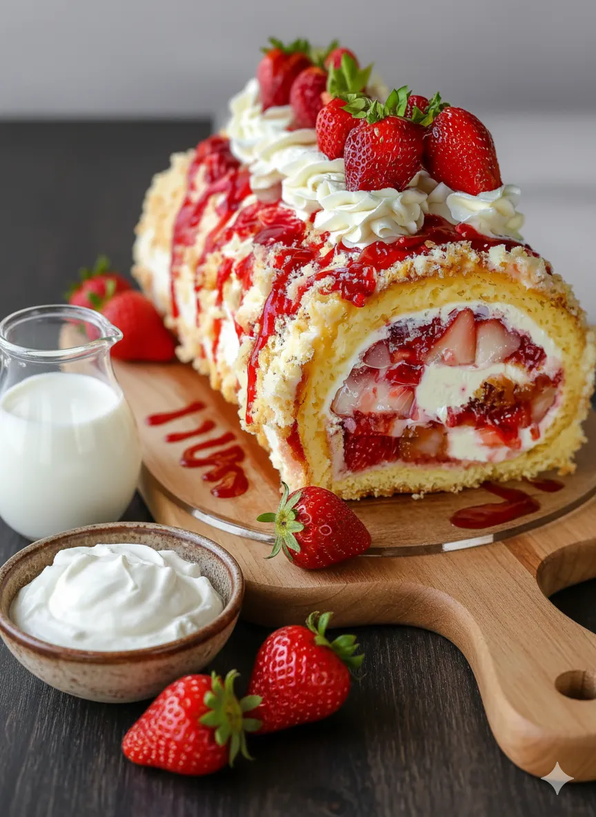 Crème Mascarpone-Vanille généreusement étalée avec des morceaux de fraises fraîches. Bûche Roulée Fraises et Crème Vanille