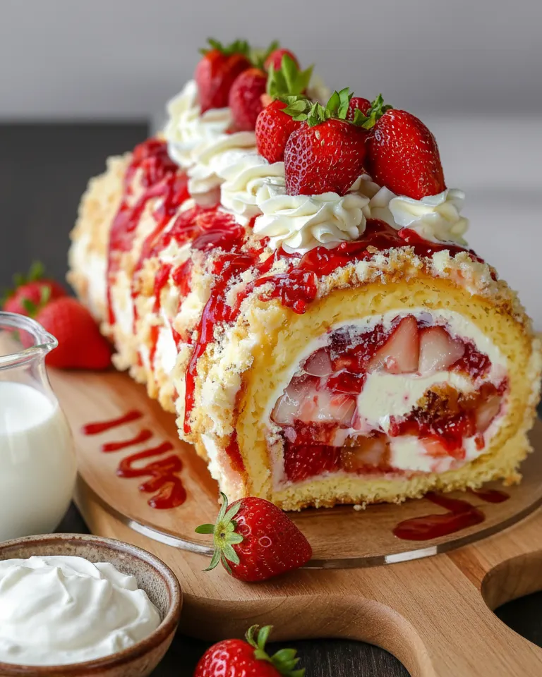Tranche de Bûche Roulée Fraises et Crème Vanille, décorée de rosettes de crème et de fraises. Bûche Roulée Fraises et Crème Vanille