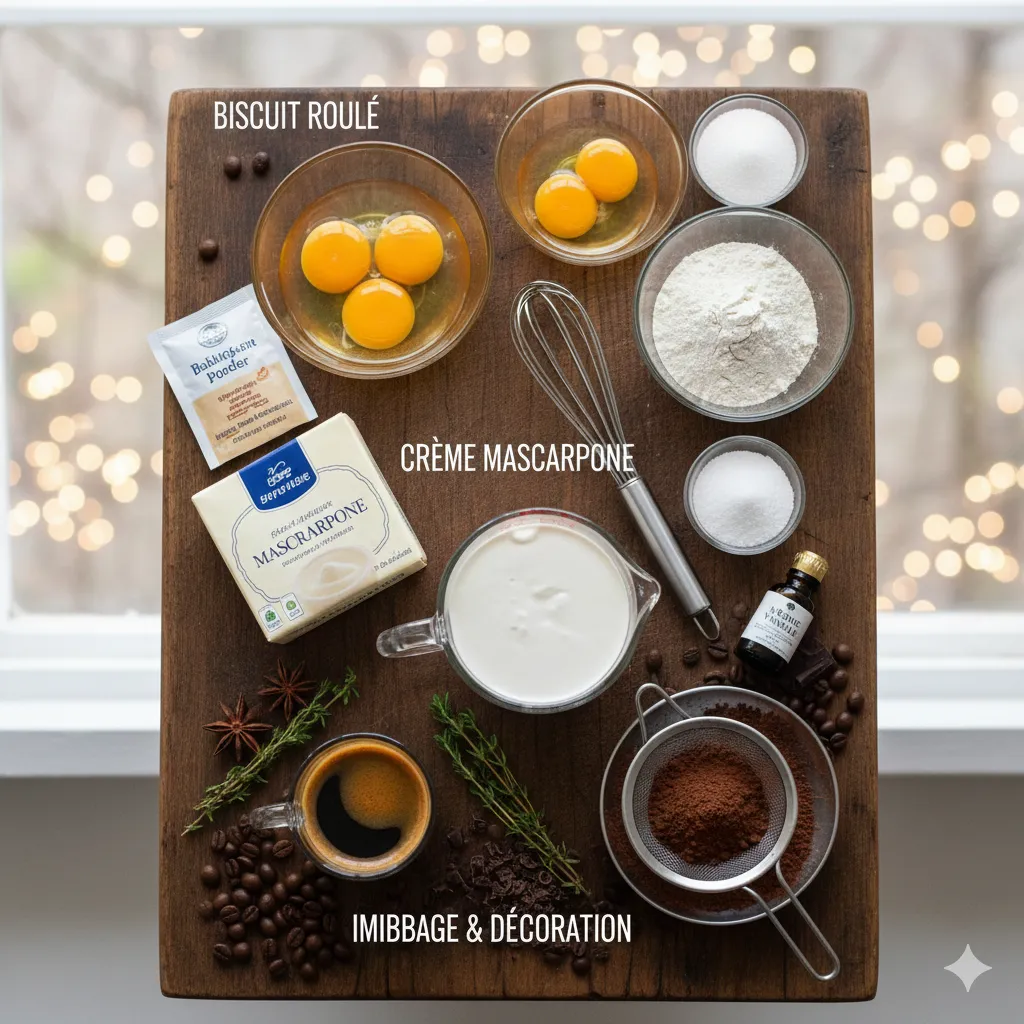 Le biscuit génoise chaud, tout juste sorti du four, roulé dans un torchon humide. Bûche Tiramisu Onctueuse