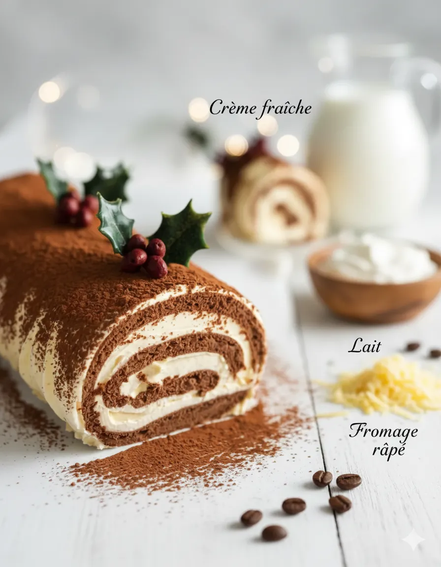 Le biscuit déroulé, généreusement étalé de crème et imbibé de café. Bûche Tiramisu Onctueuse