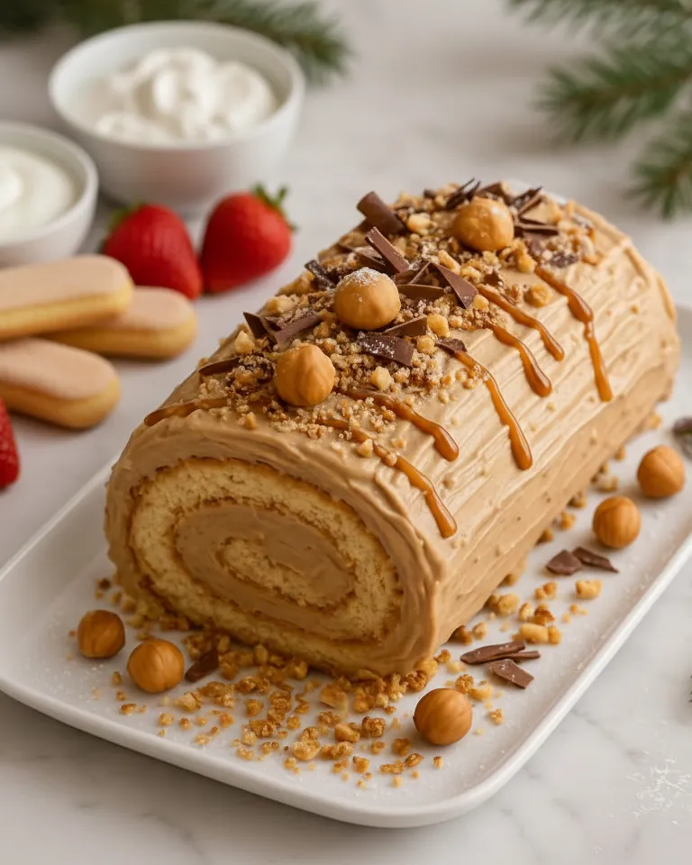 Coupe de la Bûche au Praliné montrant la génoise en spirale et la crème pralinée intérieure. Bûche au Praliné