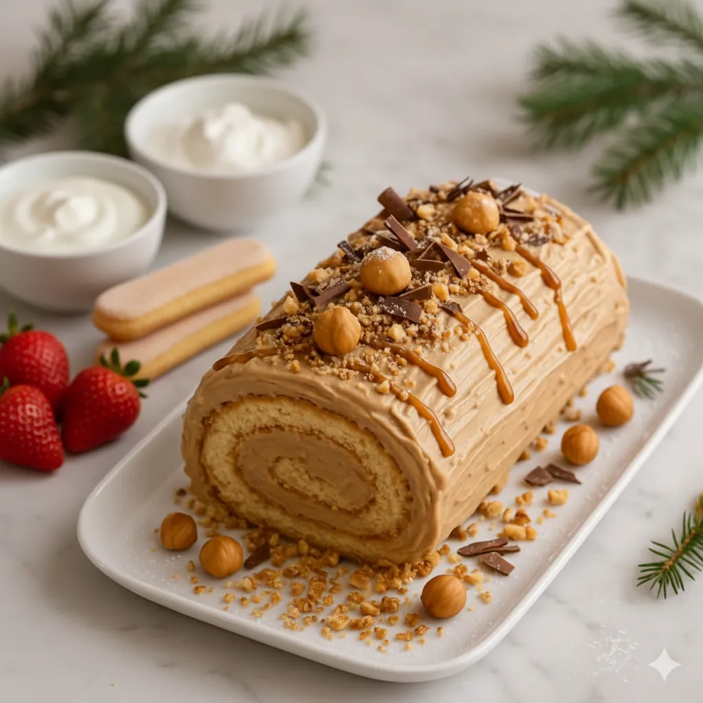 Bûche au Praliné recouverte d'une couche lisse et uniforme de crème pralinée, prête à être décorée. Bûche au Praliné