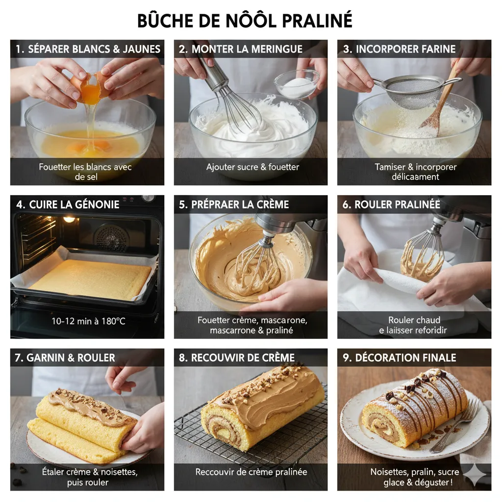 Crème pralinée onctueuse étalée sur la génoise déroulée avec des noisettes concassées. Bûche au Praliné