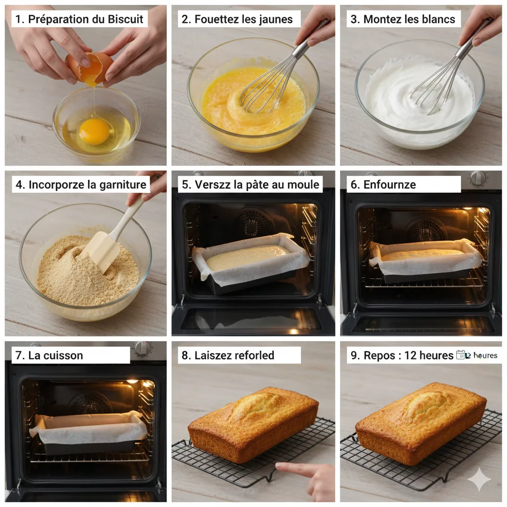 Des morceaux de streusel (petites miettes dorées) sont éparpillés à côté de morceaux de praliné croustillant (chocolat pralinoise et crêpes dentelle durcies). Ces éléments représentent les textures croquantes de la bûche. Bûche café-noisette croustillante