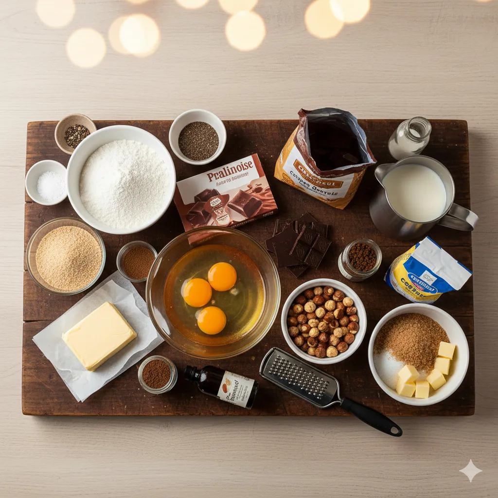 Le biscuit à la noisette coupé en trois tranches, prêt à être monté. Bûche café-noisette croustillante