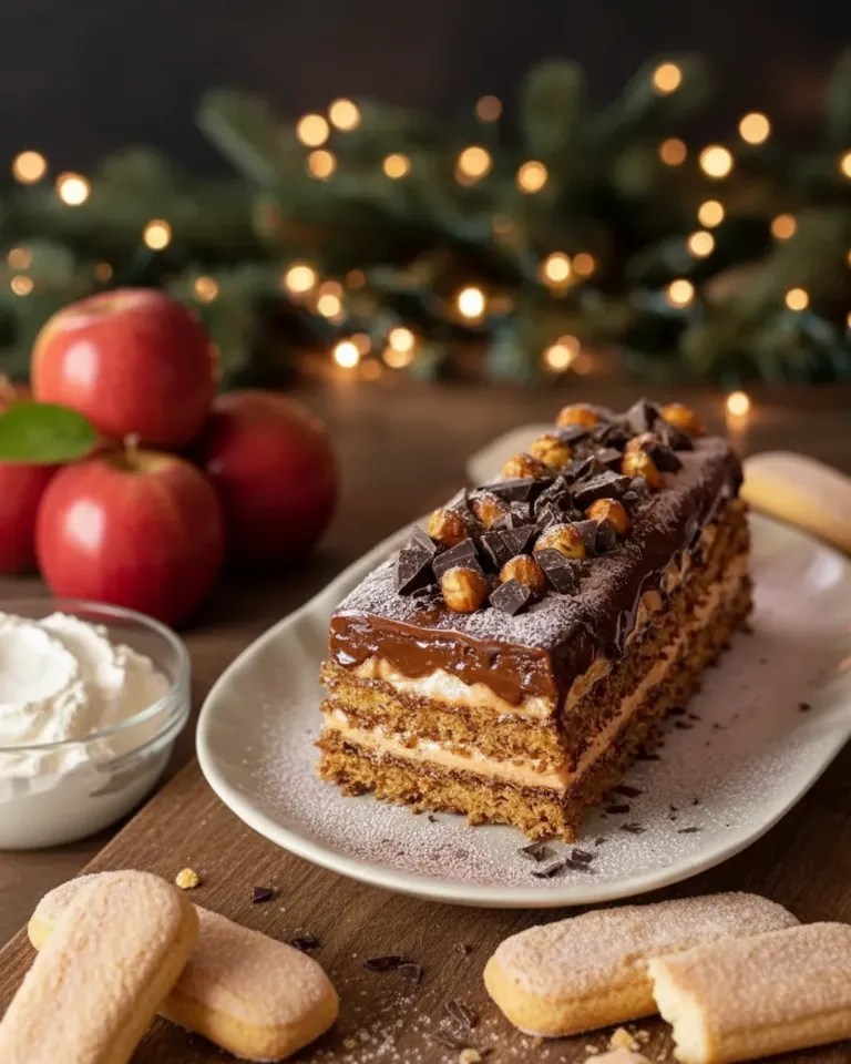 La Bûche Café-Noisette finale, recouverte de crème et saupoudrée d'éléments croustillants. Bûche café-noisette croustillante