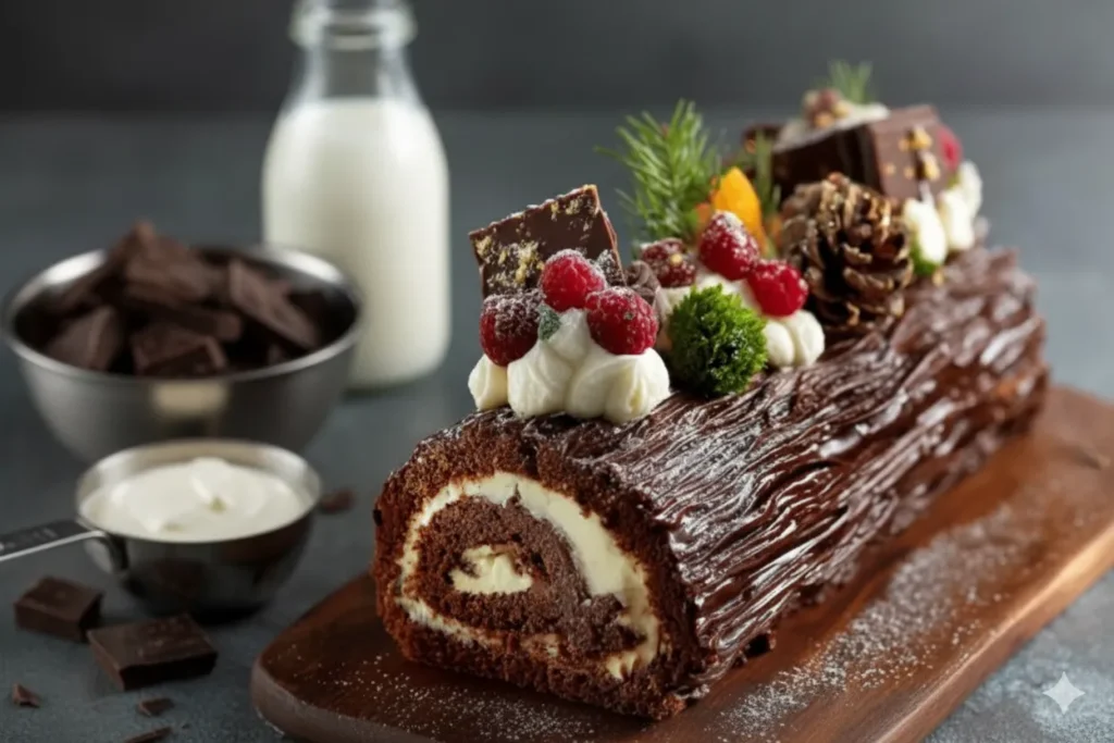 Ingrédients pour Bûche de Noël au Chocolat : chocolat noir, crème liquide, œufs, sucre et cacao en poudre.