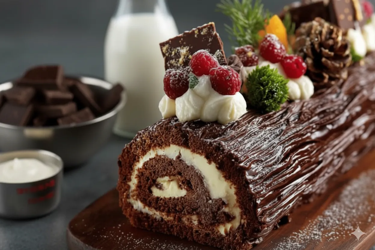 Biscuit roulé (génoise au cacao) chaud, enroulé dans un torchon humide pour le refroidissement.