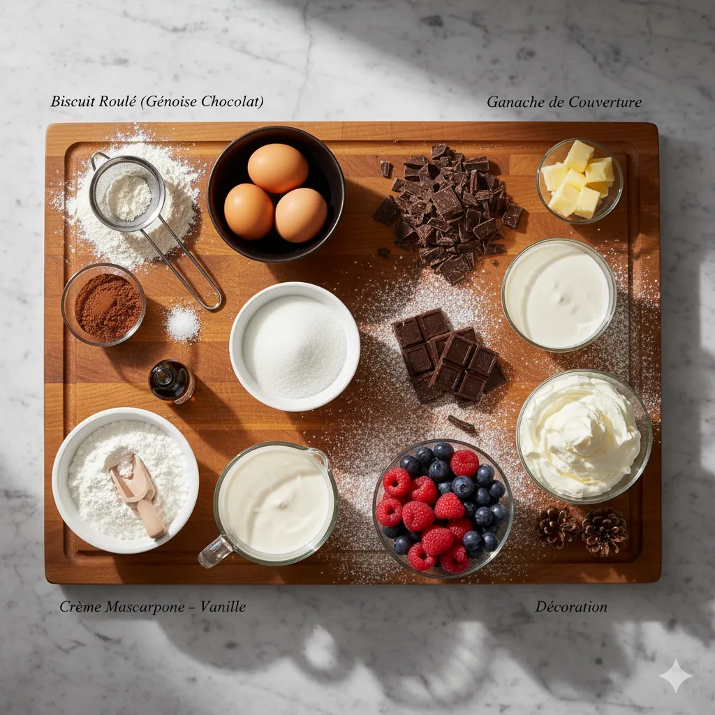 Tranche de Bûche de Noël au Chocolat coupée, révélant le biscuit moelleux et la garniture mousseuse.