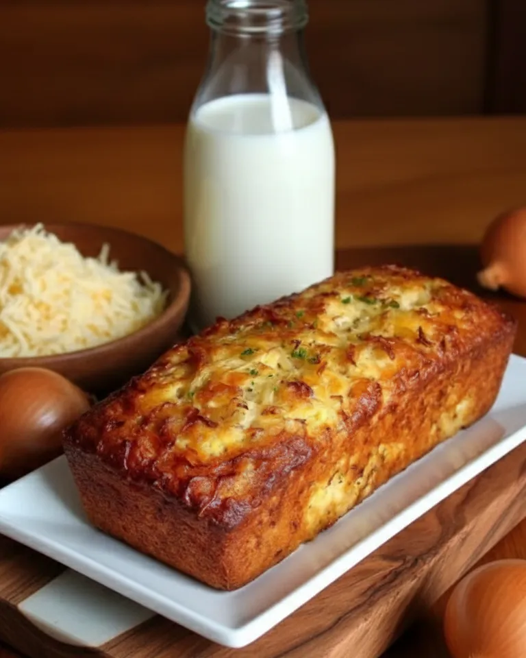 Tranche de cake aux oignons caramélisés et fromage, moelleux, servi tiède.