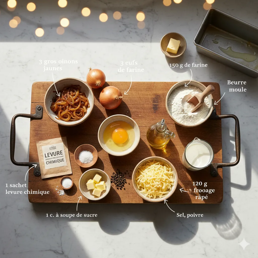 Cake aux Oignons Caramélisés et Fromage 7856 Ingrédients pour la pâte à cake salée : œufs, huile, lait, farine et levure.