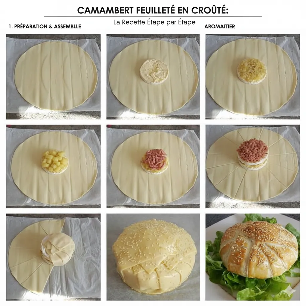 Un Camembert posé sur une pâte feuilletée, entouré de tranches de lard ou de jambon, prêt à être enveloppé. Un couteau coupant le dessus du Camembert en Croûte, révélant le fromage fondu et coulant à l'intérieur.