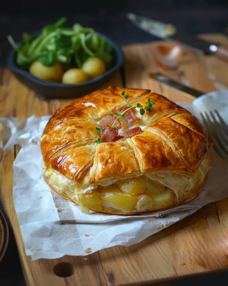 Un Camembert en Croûte fraîchement sorti du four, doré, gonflé et croustillant sur une plaque de cuisson. Un couteau coupant le dessus du Camembert en Croûte, révélant le fromage fondu et coulant à l'intérieur. Camembert en Croûte au Jambon