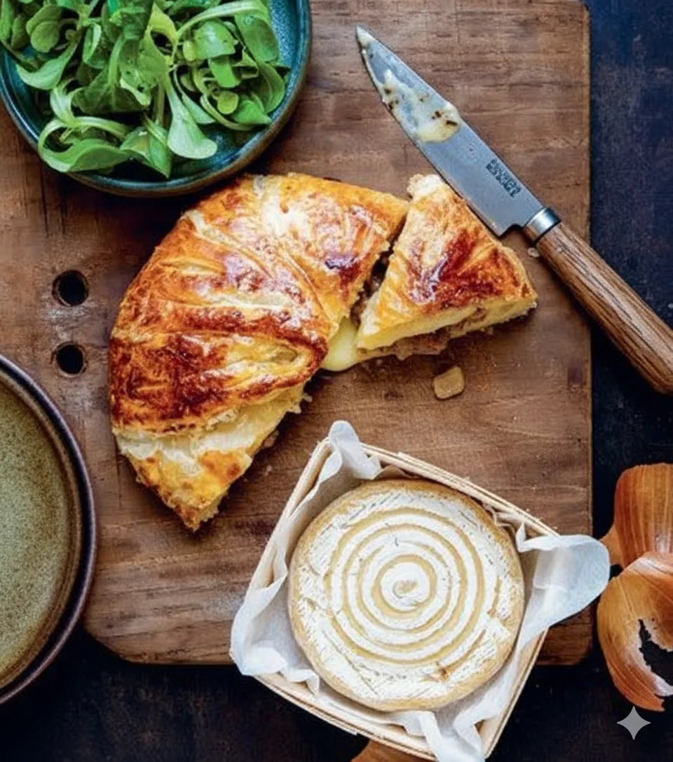 Un couteau coupant le dessus du Camembert en Croûte, révélant le fromage fondu et coulant à l'intérieur. Un couteau coupant le dessus du Camembert en Croûte, révélant le fromage fondu et coulant à l'intérieur.