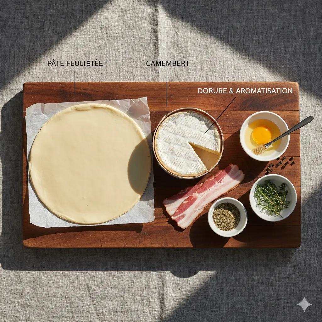 Le Camembert enveloppé dans la pâte feuilletée, les bords bien scellés et badigeonné de jaune d'œuf. Un couteau coupant le dessus du Camembert en Croûte, révélant le fromage fondu et coulant à l'intérieur.