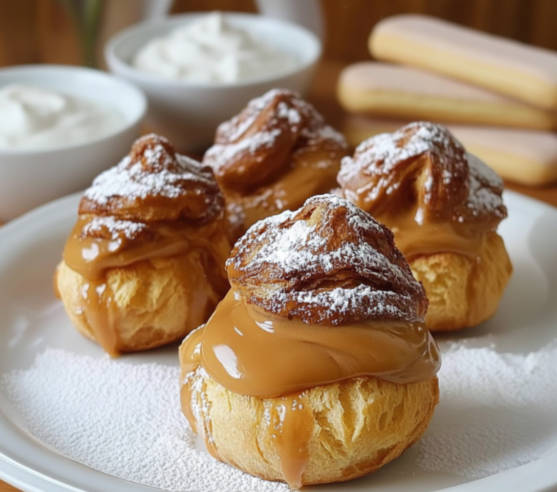 Injection de crème au caramel (dulce de leche) dans un chou cuit à l'aide d'une poche à douille. Choux à la Crème au Caramel