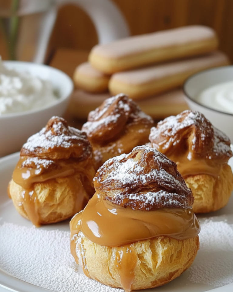 Pâte à choux chaude, lisse et brillante après incorporation des œufs, prête pour le pochage. Choux à la Crème au Caramel
